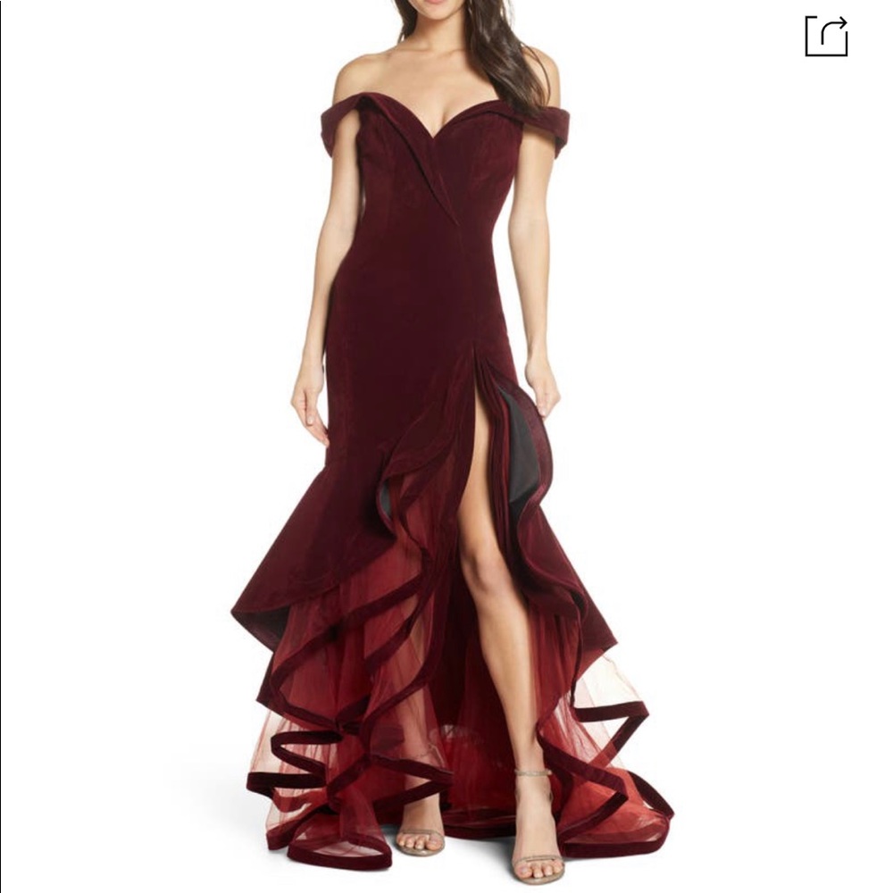 Mac Duggal Tiered Velvet Trumpet Gown